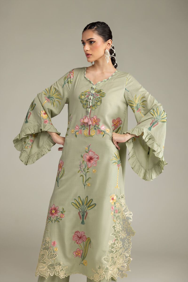 Embroidered | Raw Silk | Long Floral Kurta | USD 70.00