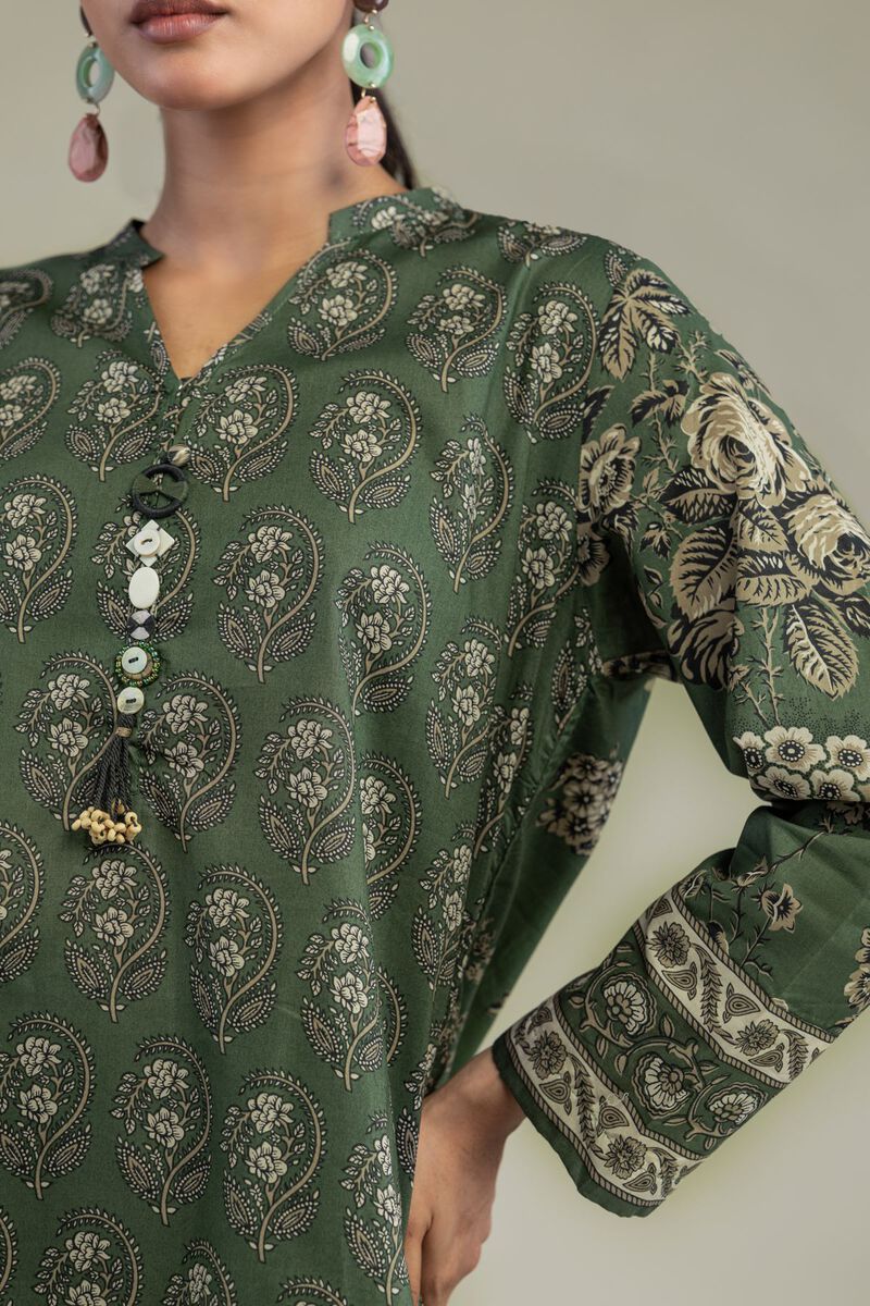 Printed | Cambric | Short Green Kurta | USD 35.00