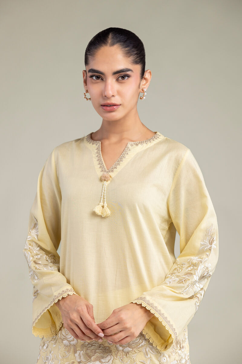 Embroidered | Cambric | Floral Yellow Kurta | USD 45.00