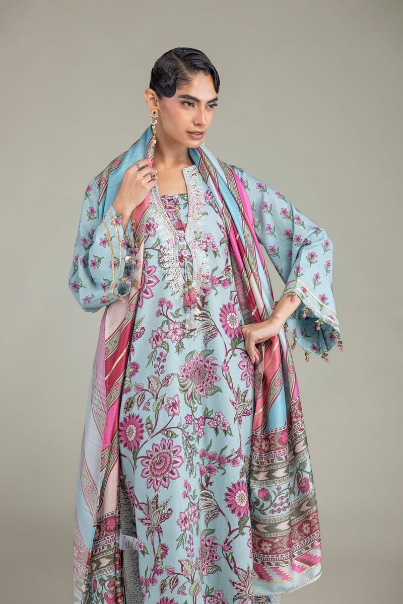 Embroidered | Polyester Silk | Blue Floral Dupatta | USD 35.00