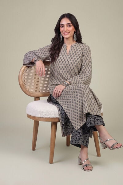 Printed | Light Khaddar | Longline V-Neck Kurta | USD 35.00