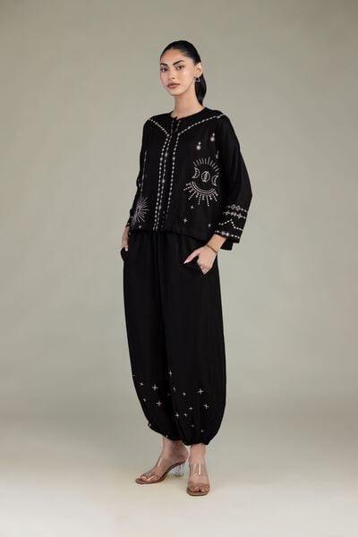 Embroidered | Viscose Crepe | Black Viscose Trousers | USD 35.00