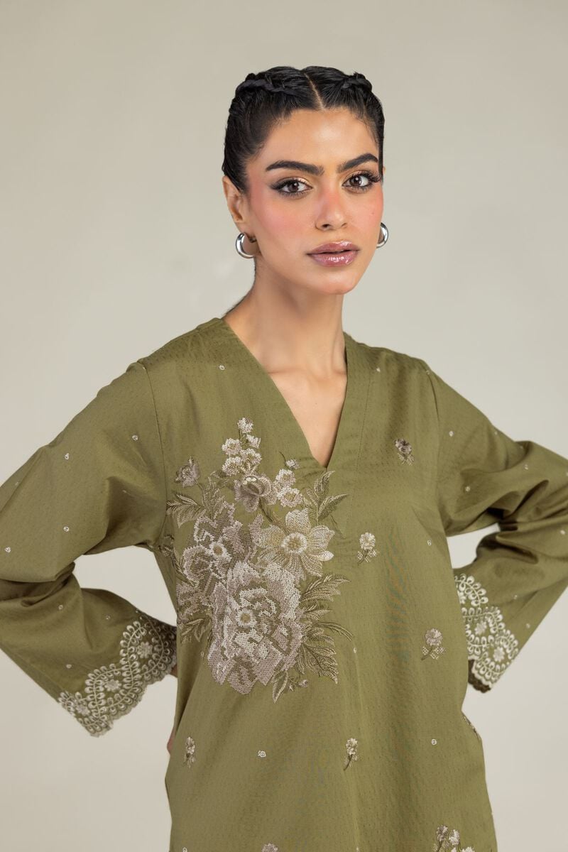 Embroidered | Cotton Dobby | Olive V-Neck Kurta | USD 45.00