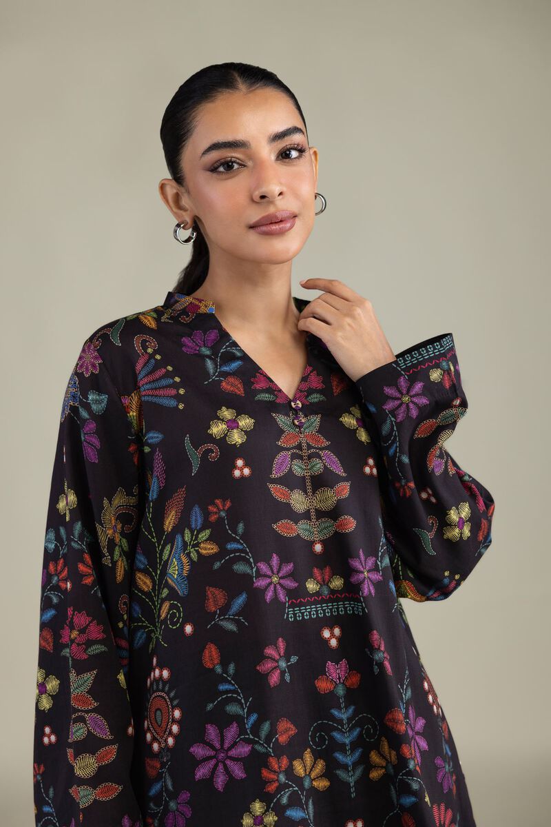 Printed | Textured Weave | Black V-Neck Kurta | USD 35.00