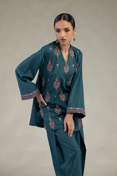 Embroidered | Cambric | Short Teal Kurta | USD 35.00