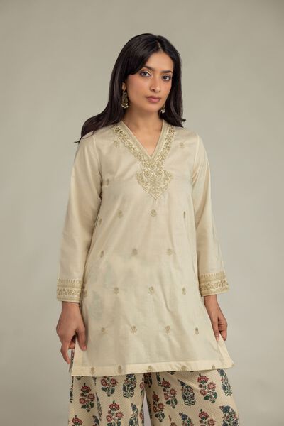 Embroidered | Cambric | Beige V-Neck Kurta | USD 40.00