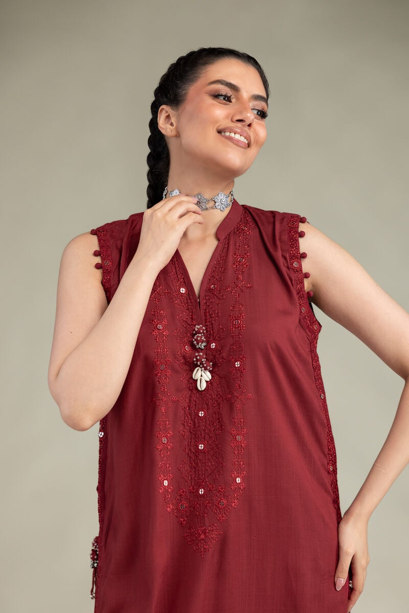 Embroidered | Raw Silk | Sleeveless Longline Kurta | USD 60.00