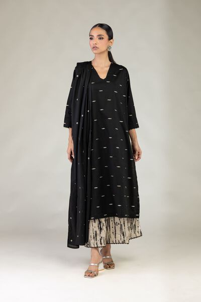 Textured Cotton | Embroidered | Black V-Neck Kurta | USD 40.00
