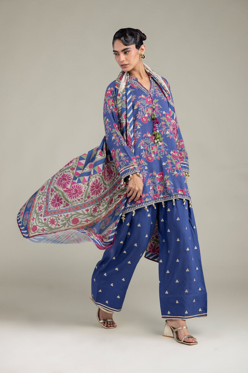 Embroidered | Polyester Silk | Blue Floral Dupatta | USD 35.00