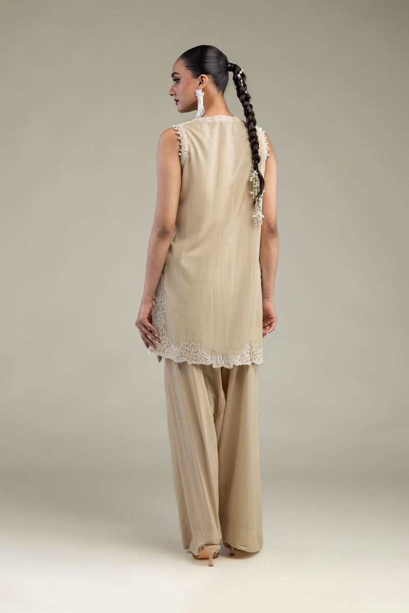 Embroidered | Raw Silk | Beige Sleeveless Kurta | USD 75.00
