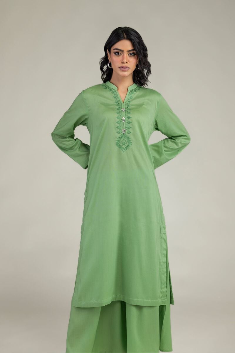 Embroidered | Lyocell | Green V-Neck Kurta | USD 40.00