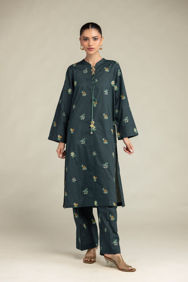 Embroidered | Cambric | Green Floral Pants | USD 35.00