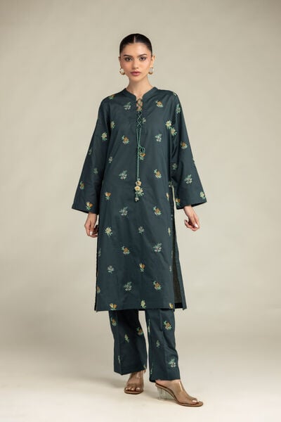 Embroidered | Cambric | Green Floral Pants | USD 35.00