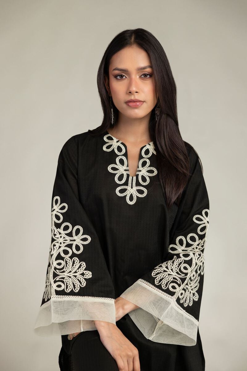 Embroidered | Cotton Dobby | Black V-Neck Kurta | USD 35.00