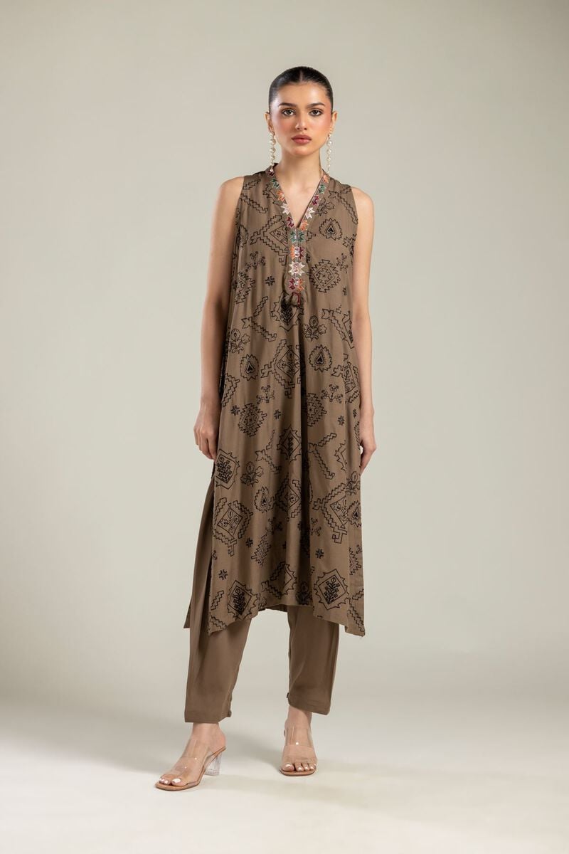 Embroidered | Raw Silk | Brown Sleeveless Kurta | USD 55.00