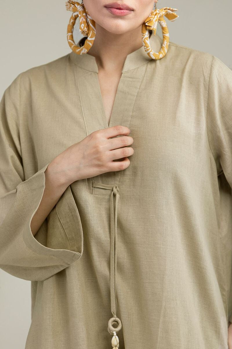 Dyed | Blended Linen | V-Neck Band-Collar Kurta | USD 35.00