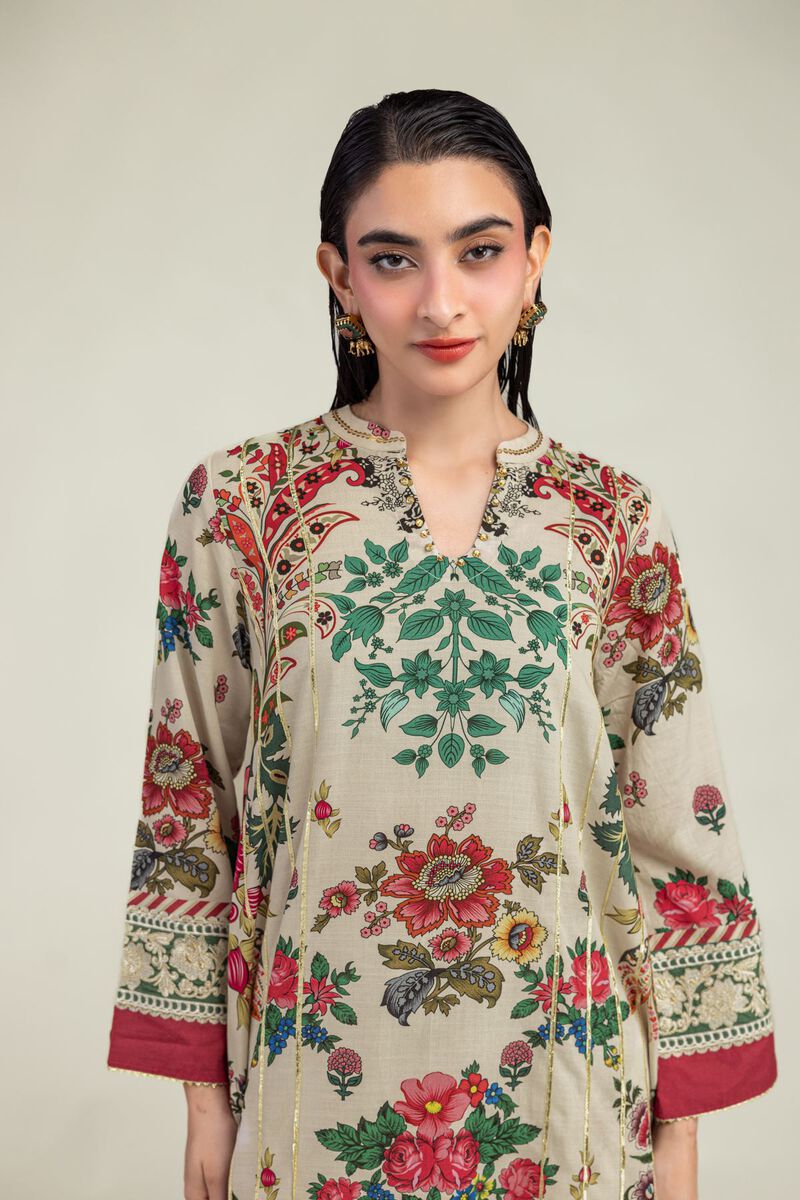 Embroidered | Raw Silk | Floral Beige Kurta  | USD 40.00