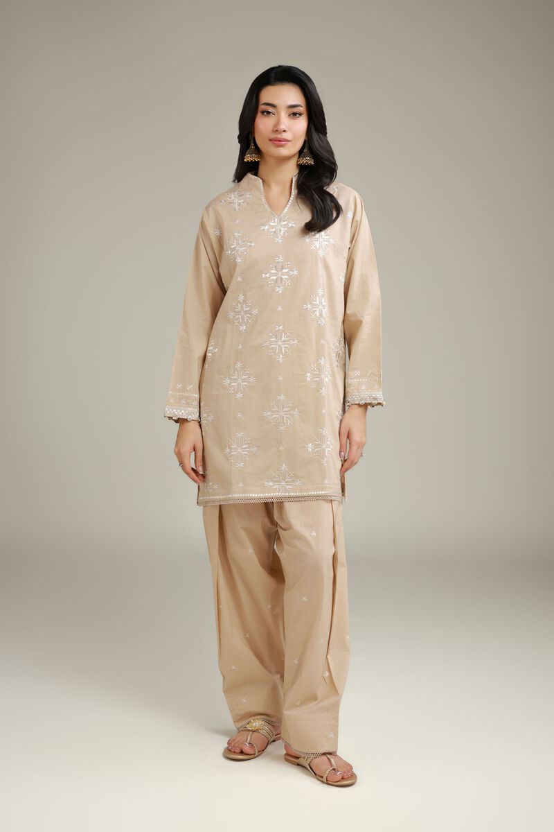 Embroidered | Cambric | Short Beige Kurta | USD 40.00