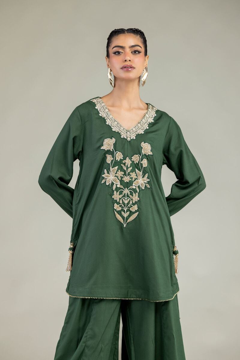 Embroidered | Raw Silk | Floral Green Kurta | USD 60.00