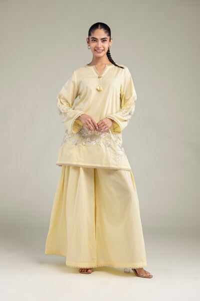 Embroidered | Cambric | Yellow Cambric Pants | USD 30.00