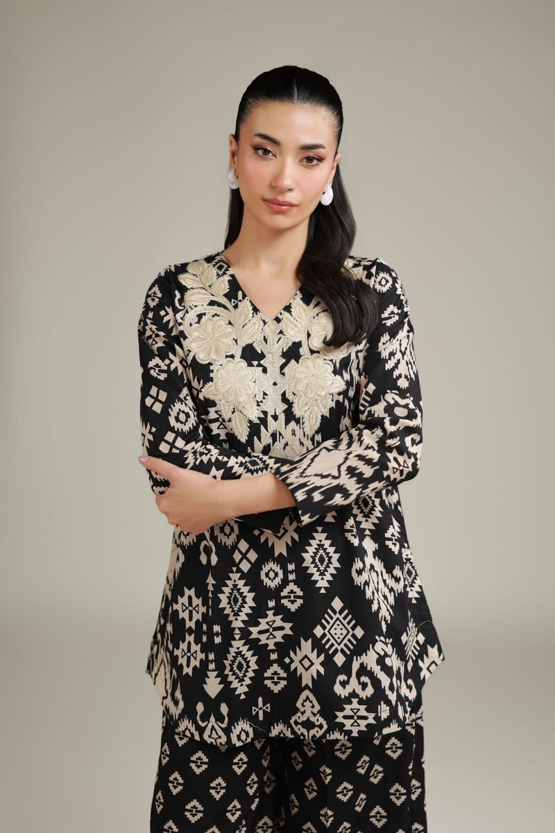 Embroidered | Cotton Dobby | Black V-Neck Kurta | USD 30.00