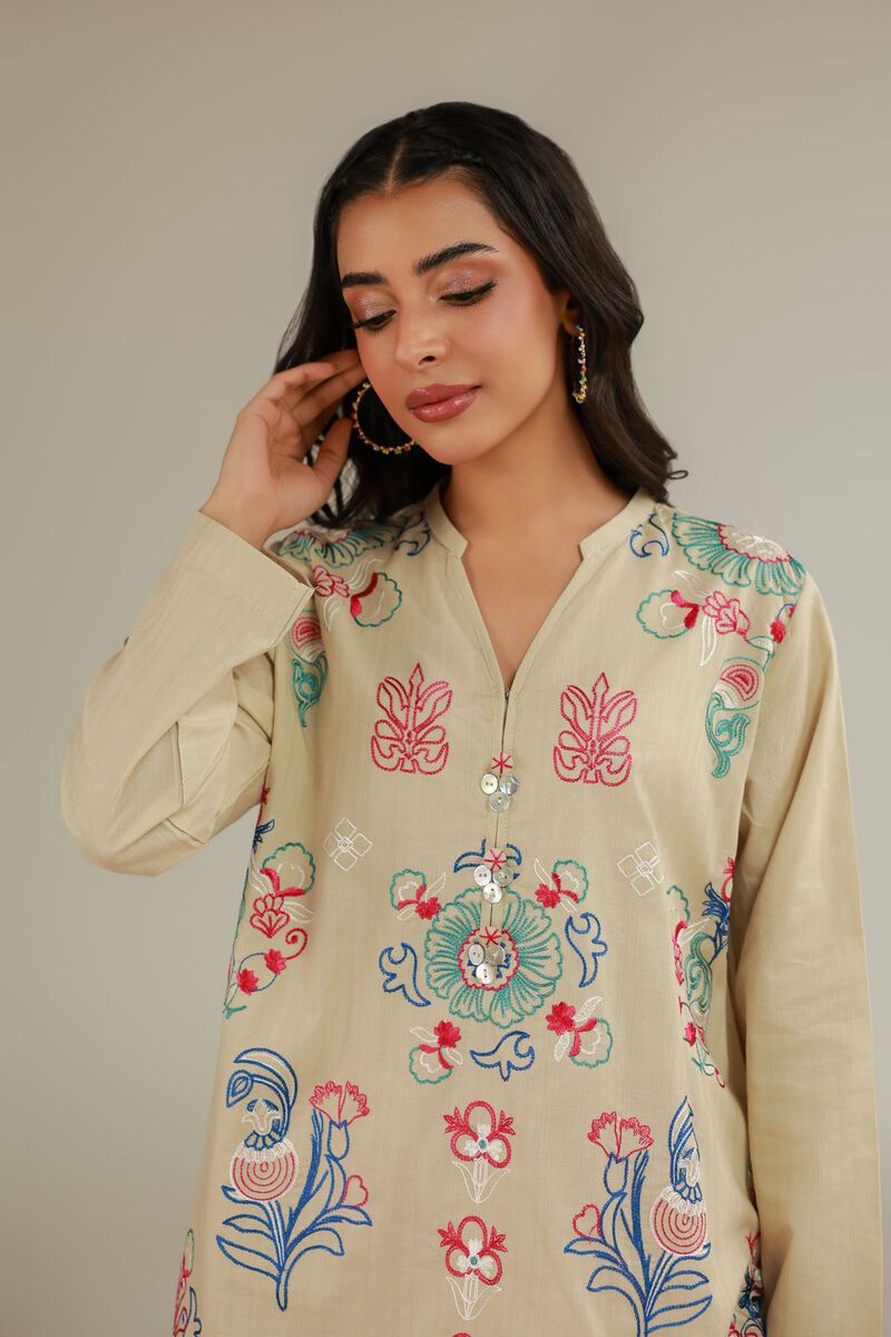 Embroidered | Cotton Dobby | Floral Beige Kurta | USD 35.00