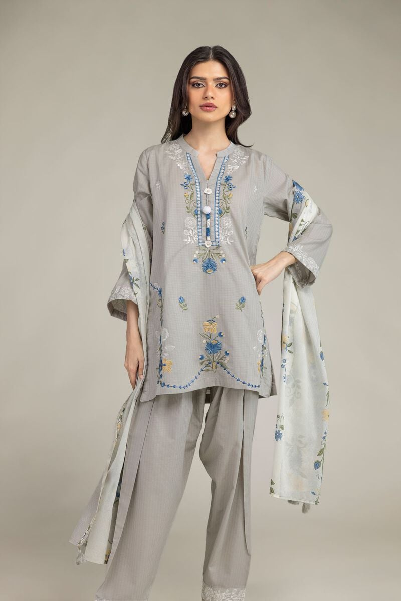 Embroidered | Cotton Net | Gray Floral Dupatta | USD 25.00