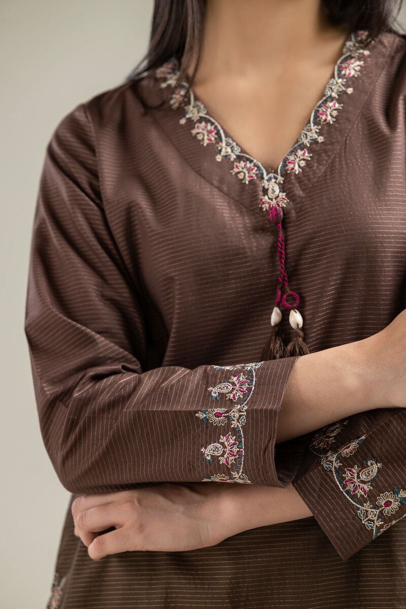 Embroidered | Mesuri | Brown V-Neck Kurta | USD 35.00