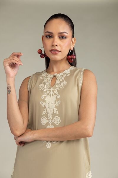 Embroidered | Cambric | Beige Sleeveless Kurta | USD 45.00