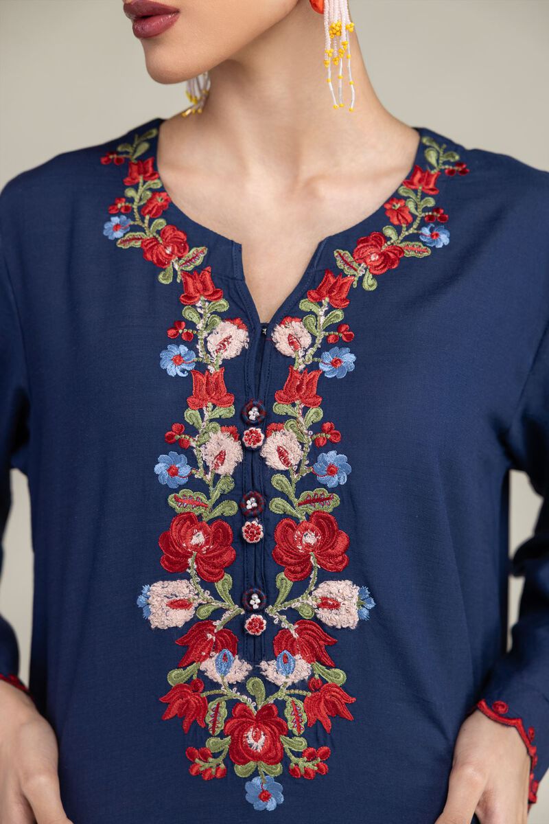 Embroidered | Raw Silk | Navy V-Neck Kurta | USD 40.00