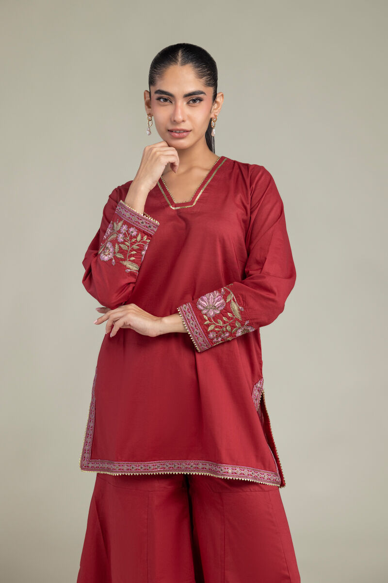 Embroidered | Cambric | Red Floral Kurta | USD 40.00