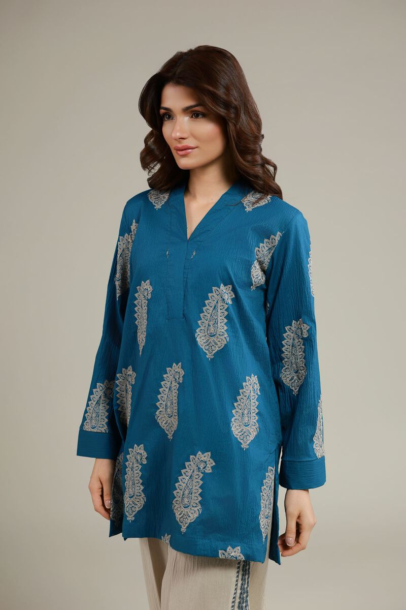 Embroidered | Cotton Crinkle | Paisley V-Neck Kurta | USD 45.00
