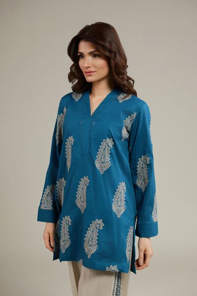 Embroidered | Cotton Crinkle | Paisley V-Neck Kurta | USD 45.00