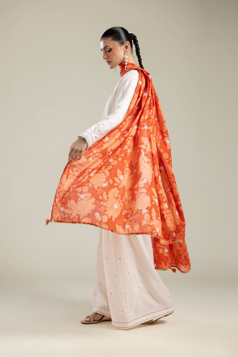 Embroidered | Textured Weave | Orange Floral Dupatta | USD 35.00