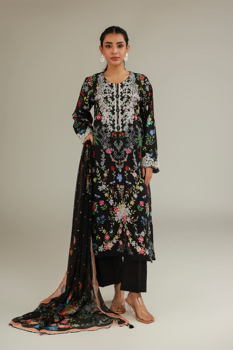 Embroidered | Cambric | Black Tailored 3-Piece | USD 75.00