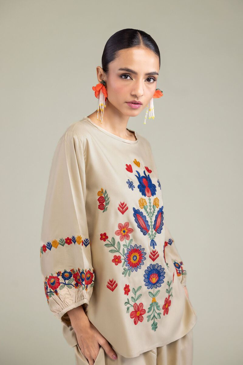Embroidered | Viscose Crepe | Floral Beige Blouse | null