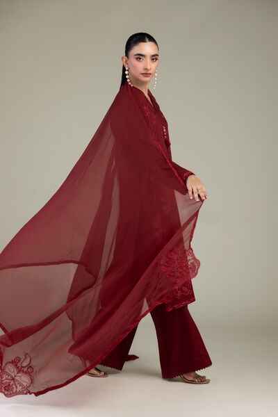 Embroidered | Chiffon | Maroon Chiffon Dupatta | USD 40.00