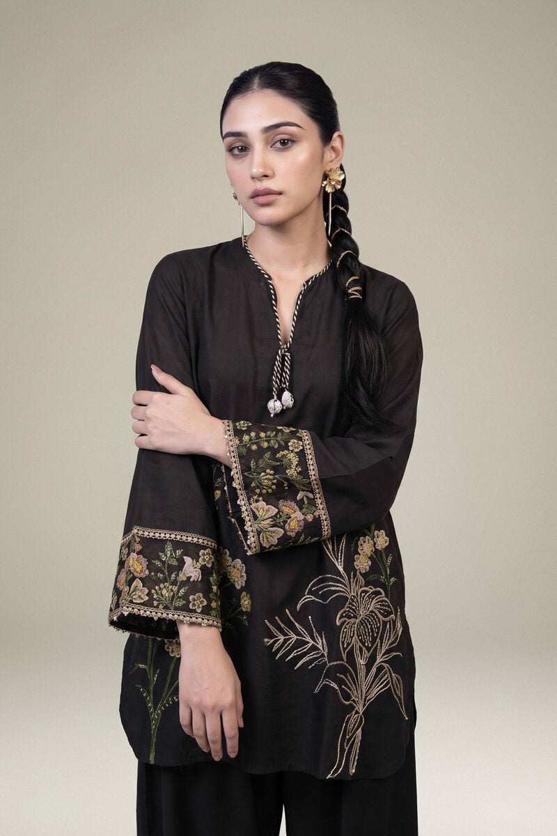 Embroidered | Raw Silk | Black V-Neck Kurta | USD 60.00