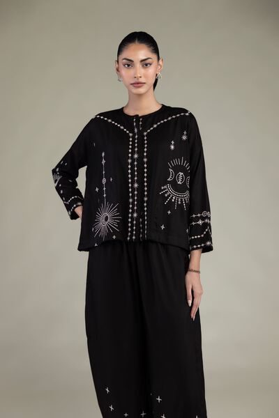 Embroidered | Viscose Crepe | Black Round-Neck Shirt | USD 40.00