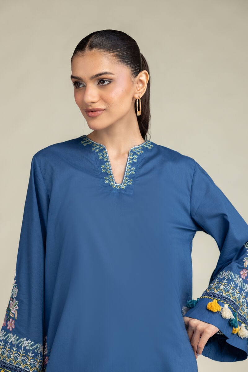 Embroidered | Cambric | Floral Blue Kurta | USD 55.00