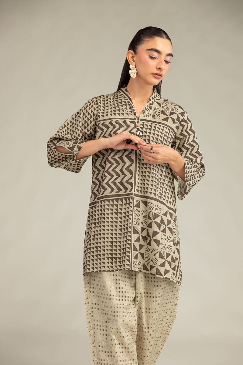 Printed | Cambric | Beige V-Neck Kurta | USD 35.00