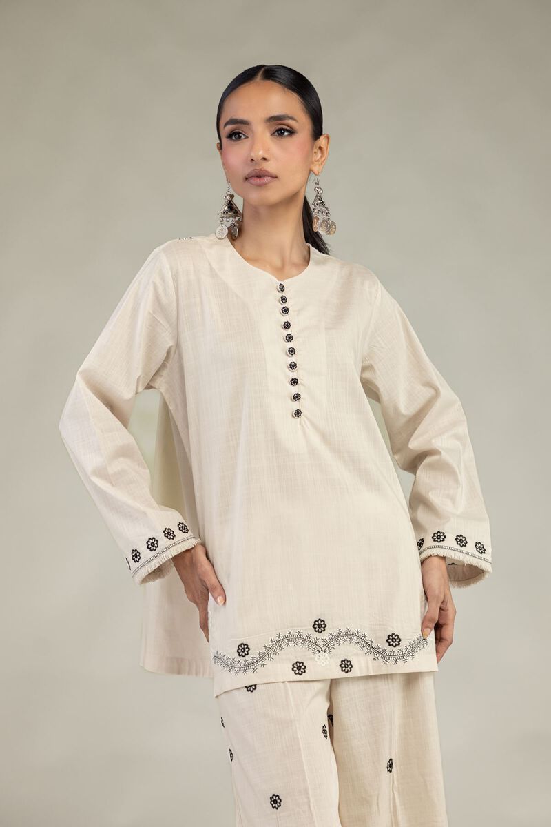 Textured Cotton | Embroidered | Short Round-Neck Kurta | USD 40.00