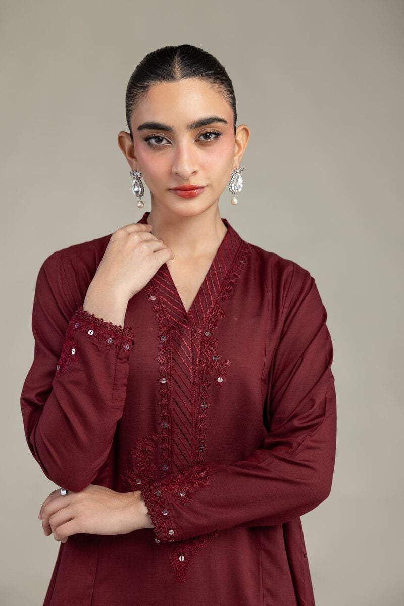 Embroidered | Raw Silk | Maroon V-Neck Kurta | USD 45.00