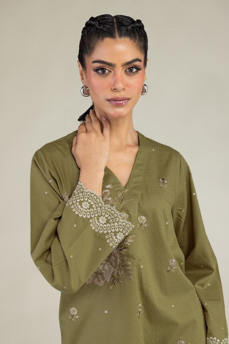 Embroidered | Cotton Dobby | Olive V-Neck Kurta | USD 45.00