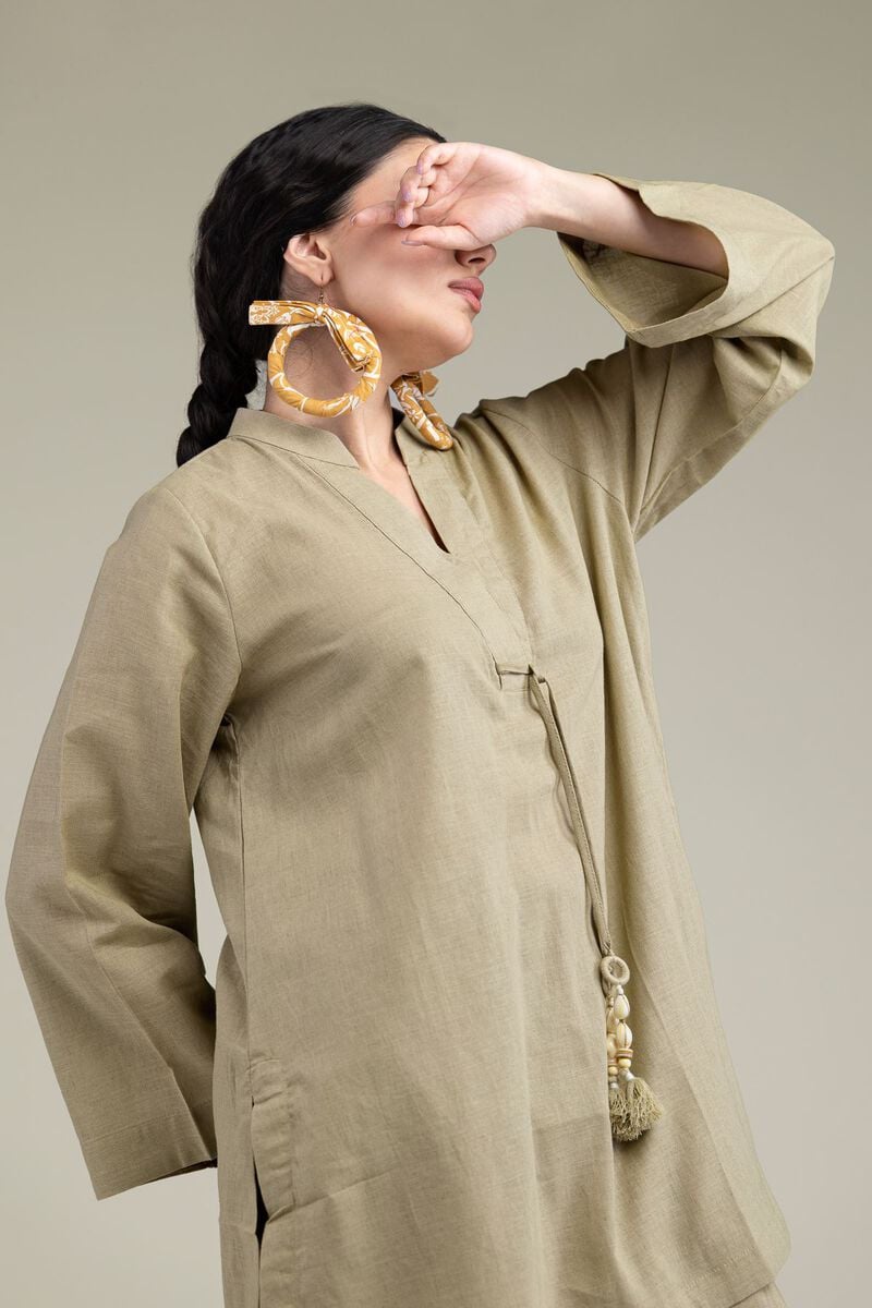 Dyed | Blended Linen | V-Neck Band-Collar Kurta | USD 35.00
