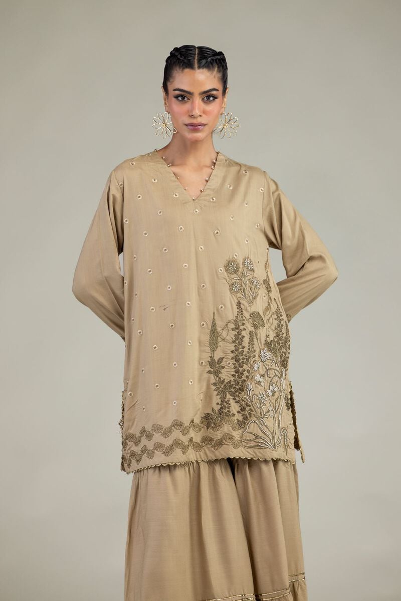 Embroidered | Raw Silk | Floral V-Neck Kurta | USD 60.00