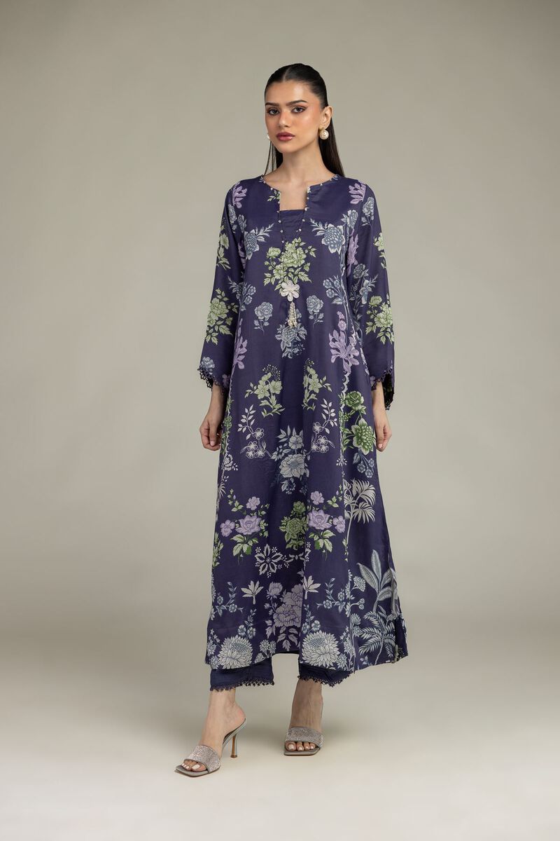 Embroidered | Raw Silk | Navy Longline Kurta | USD 60.00