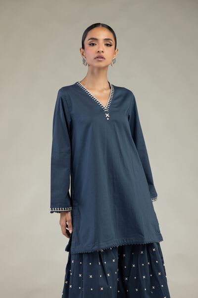 Textured Cotton | Embroidered | Long V-Neck Kurta | USD 35.00