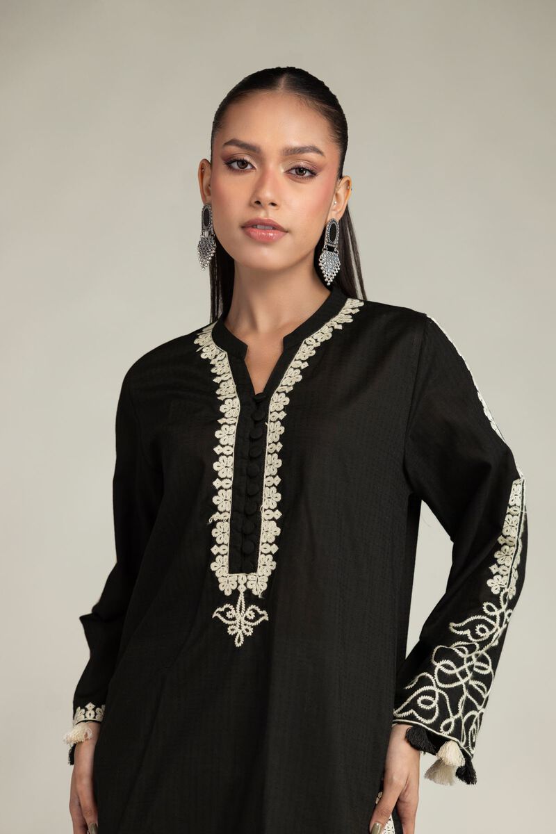 Embroidered | Cotton Dobby | Black Floral Kurta | USD 40.00