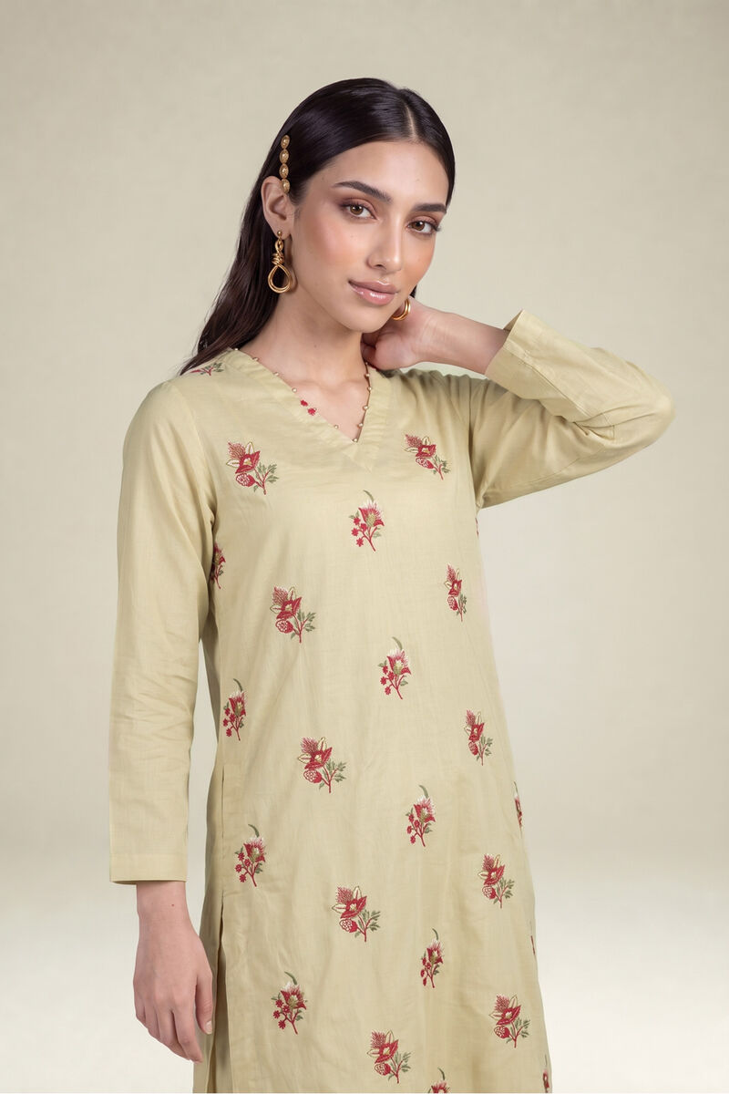 Embroidered | Cambric | Beige Cambric Kurta | USD 40.00
